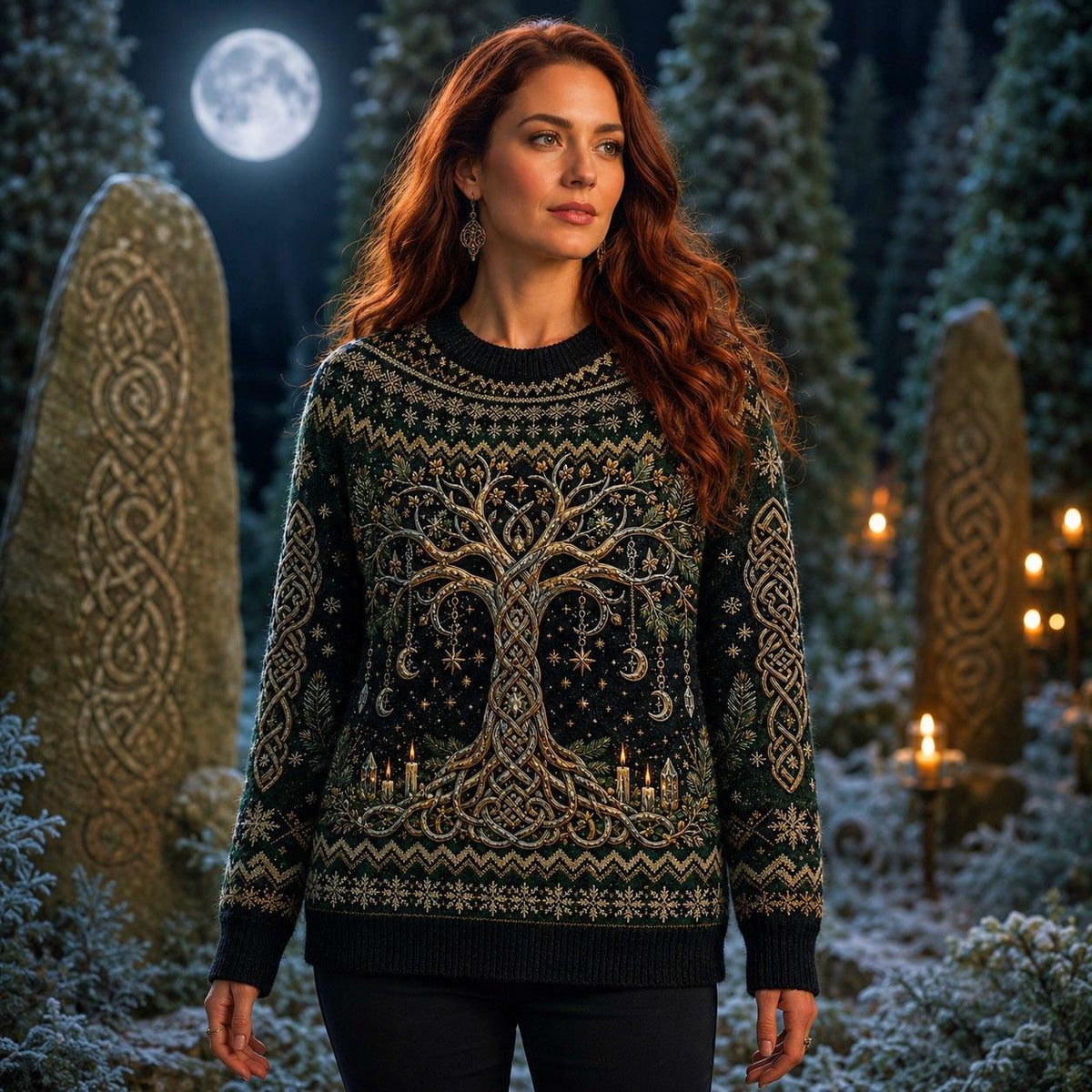 Celtic Tree Of Life Sweater Candle Knotwork Green Pagan Knit worn, front view