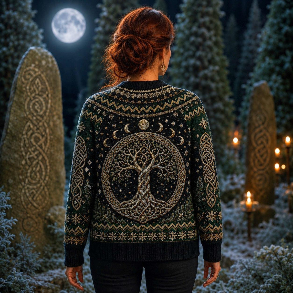 Celtic Tree Of Life Sweater Candle Knotwork Green Pagan Knit worn, back view