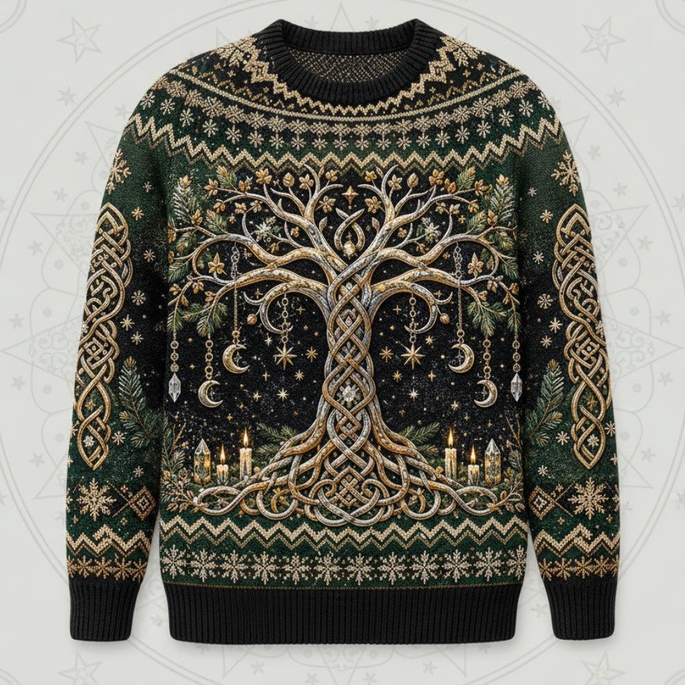 Celtic Tree Of Life Sweater Candle Knotwork Green Pagan Knit front view
