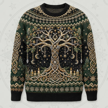 Celtic Tree Of Life Sweater Candle Knotwork Green Pagan Knit front view