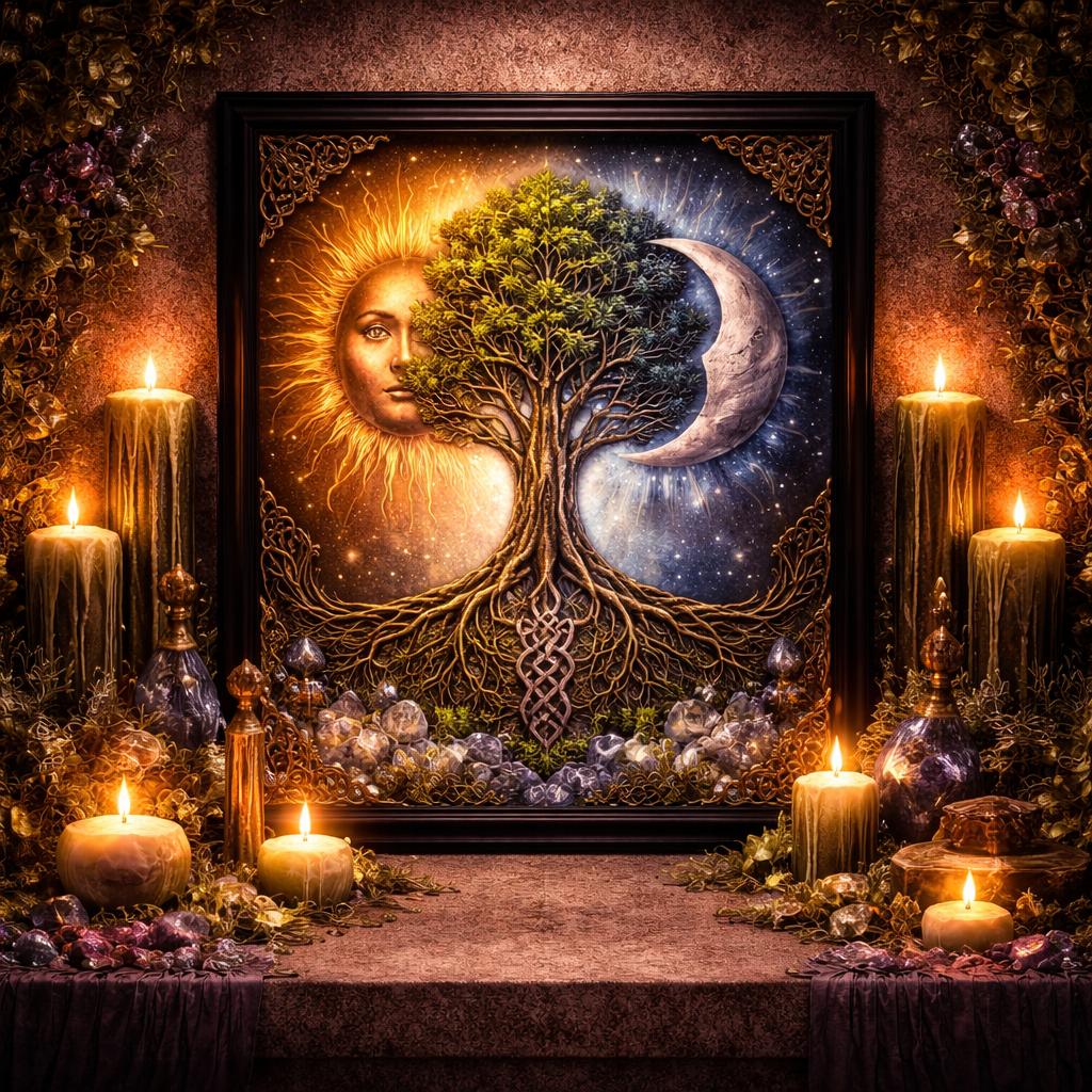 Celtic Tree of Life Canvas Print with Sun&Moon - Black Framed Pagan Art for Wiccan Home Decor-MoonChildWorld