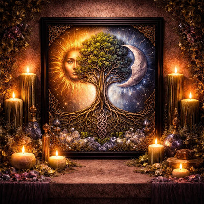 Celtic Tree of Life Canvas Print with Sun&Moon - Black Framed Pagan Art for Wiccan Home Decor-MoonChildWorld