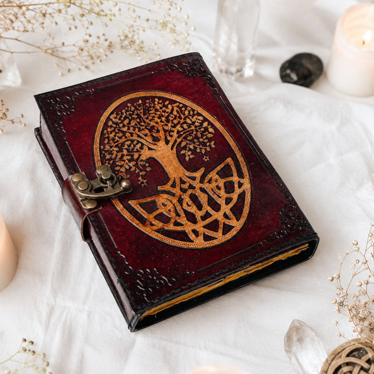 Celtic Tree of Life Leather Journal – Vintage Wiccan Grimoire Deckle Art Pages – leather journal, open blank pages view