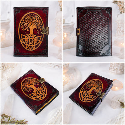 Celtic Tree of Life Leather Journal – Vintage Wiccan Grimoire Deckle Art Pages – leather journal, close-up cover detail
