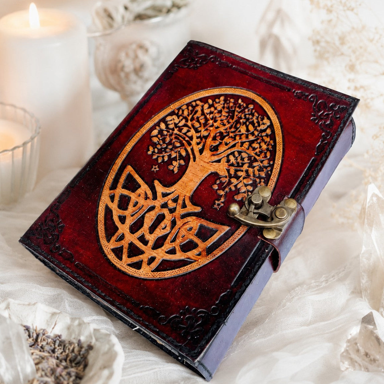 Celtic Tree of Life Leather Journal – Vintage Wiccan Grimoire Deckle Art Pages – leather journal, front cover view