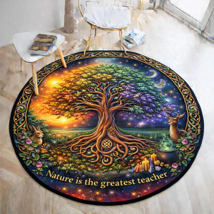 Round Celtic Tree of Life pagan rug with colorful sunset, starry night, deer, rabbit, and "Nature is the greatest teacher" text.
