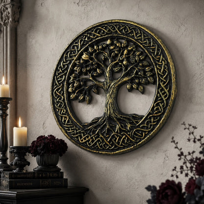 Celtic tree of life plaque – Viking knotwork carved detail close-up