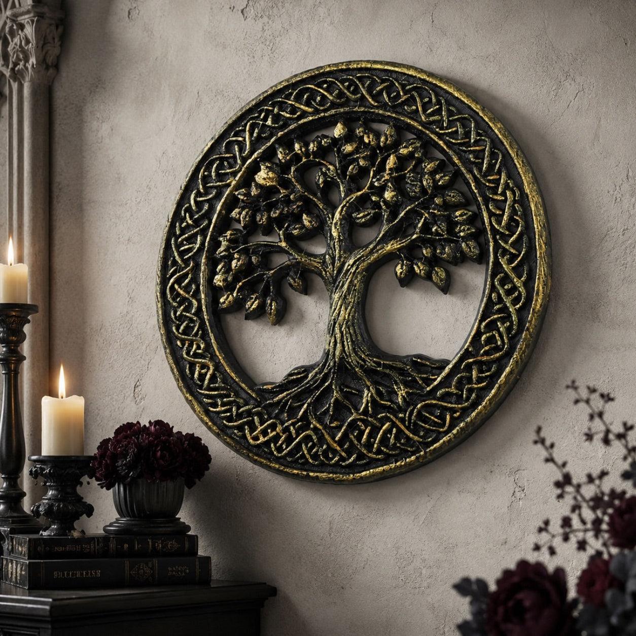 Celtic tree of life plaque – Viking knotwork carved detail close-up