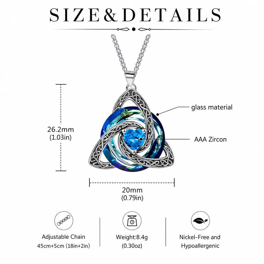 Pendant material and measurement diagram: Celtic Trinity Knot Birthstone Necklace, featuring interwoven triquetra knotwork, colorful glass detail and a heart-cut center stone.