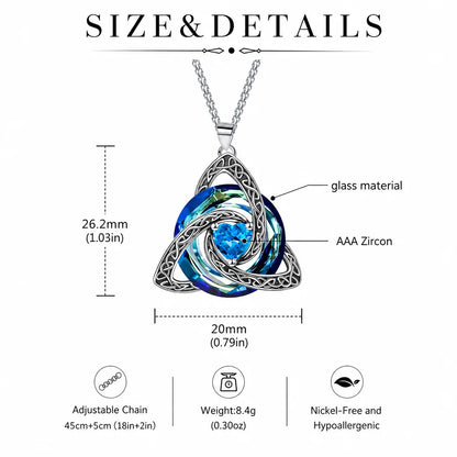 Pendant material and measurement diagram: Celtic Trinity Knot Birthstone Necklace, featuring interwoven triquetra knotwork, colorful glass detail and a heart-cut center stone.