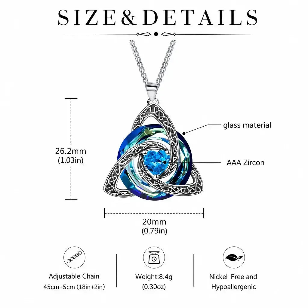 Pendant material and measurement diagram: Celtic Trinity Knot Birthstone Necklace, featuring interwoven triquetra knotwork, colorful glass detail and a heart-cut center stone.