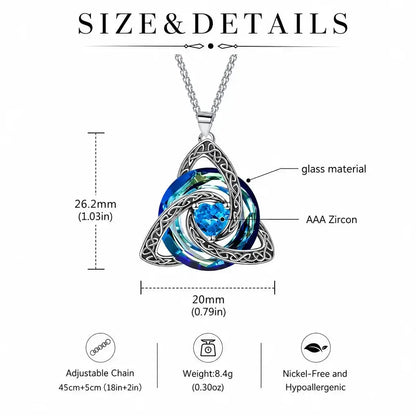 Pendant material and measurement diagram: Celtic Trinity Knot Birthstone Necklace, featuring interwoven triquetra knotwork, colorful glass detail and a heart-cut center stone.