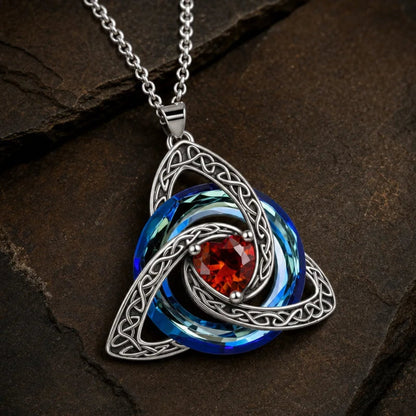Irish triquetra necklace shown at an angle