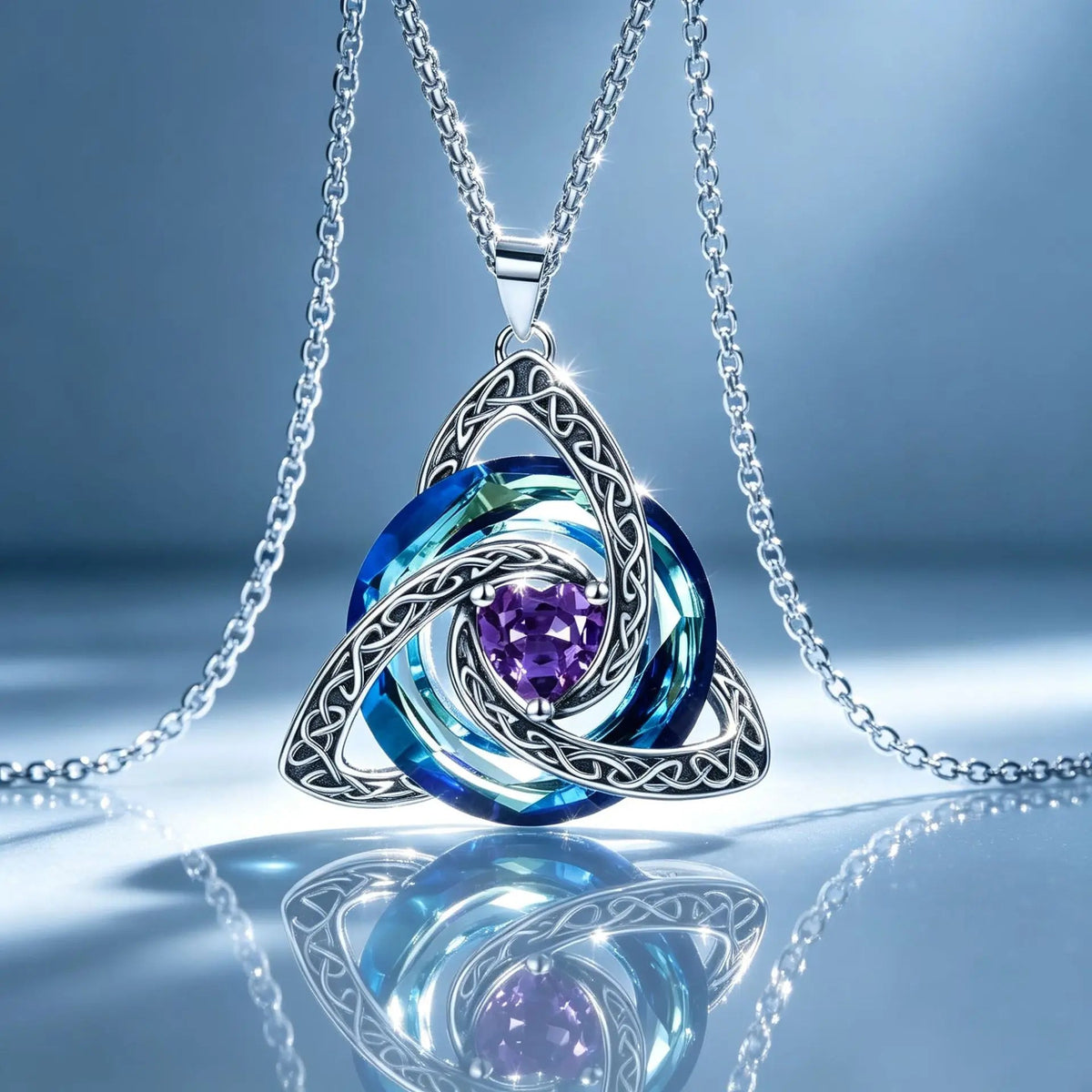 Triquetra heart necklace worn with a simple neckline