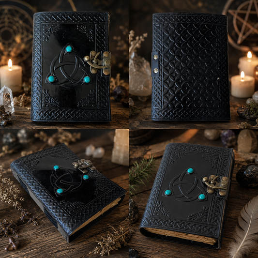 Celtic trinity knot three-stone leather journal – handmade Wiccan grimoire, deckle edge pages, view 2