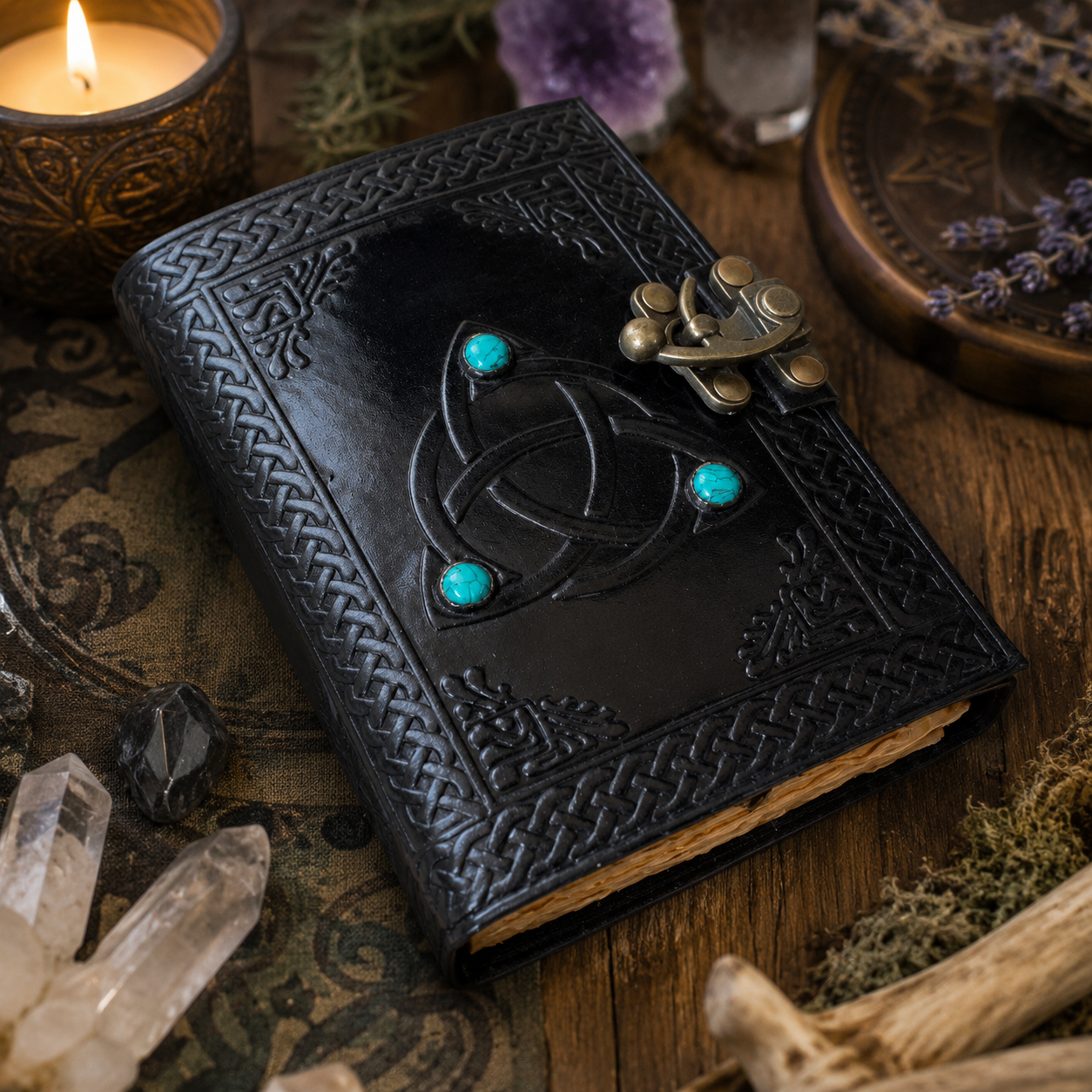Celtic trinity knot three-stone leather journal – handmade Wiccan grimoire, deckle edge pages, view 3