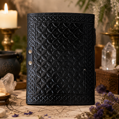 Celtic trinity knot three-stone leather journal – handmade Wiccan grimoire, deckle edge pages, view 4