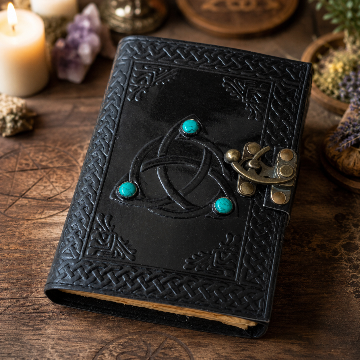 Celtic trinity knot three-stone leather journal – handmade Wiccan grimoire, deckle edge pages, view 1