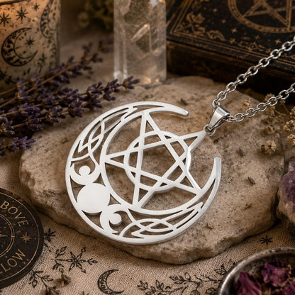 Celtic Triple Moon Pentagram Necklace Crescent Moon Pentacle Witchcraft Jewelry-MoonChildWorld