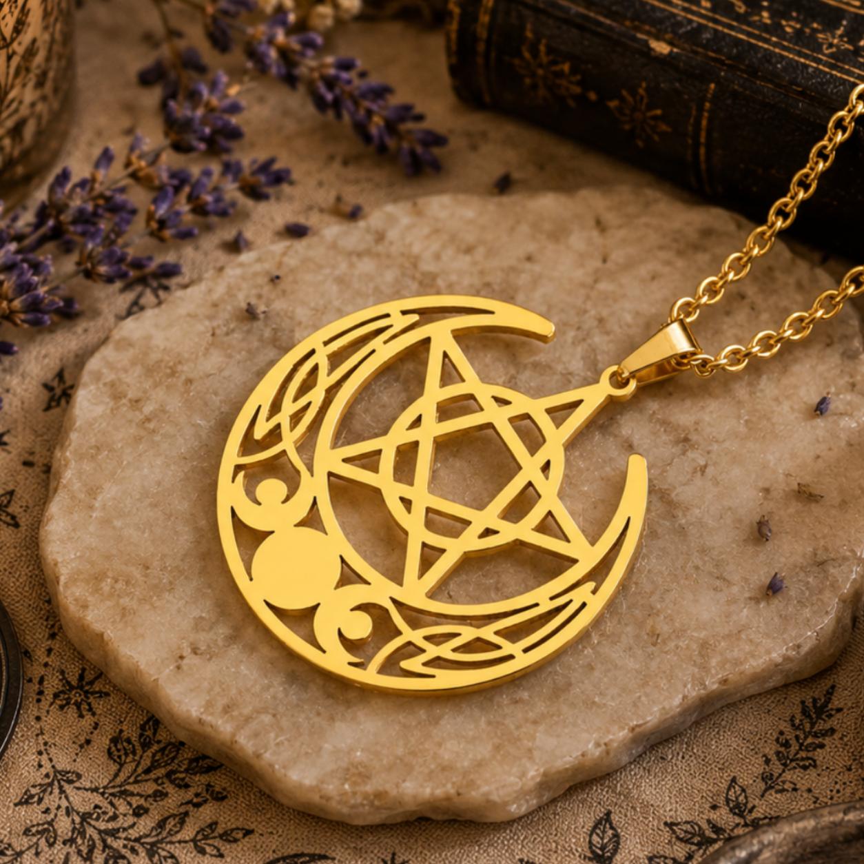 Celtic Triple Moon Pentagram Necklace Crescent Moon Pentacle Witchcraft Jewelry-MoonChildWorld