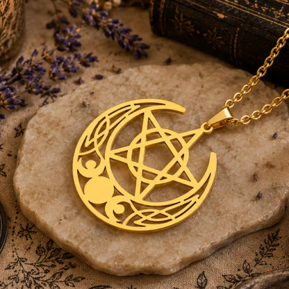 Celtic Triple Moon Pentagram Necklace Crescent Moon Pentacle Witchcraft Jewelry-MoonChildWorld