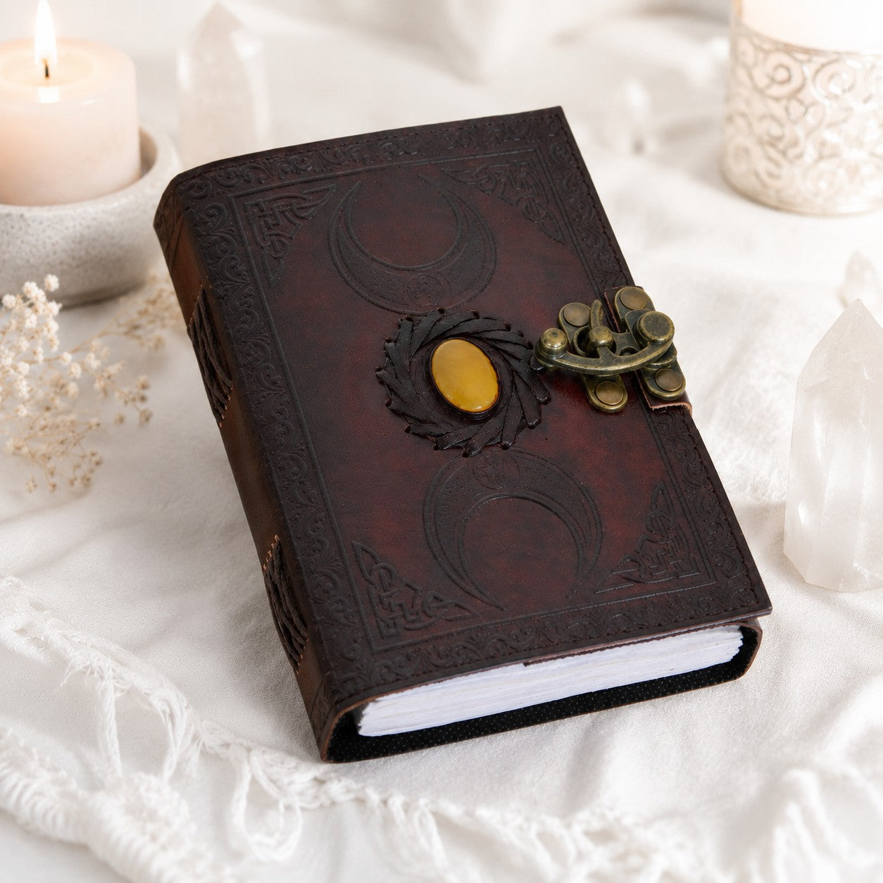 Celtic Triple Moon Solar Stone Leather Journal – Handmade Pagan Grimoire – leather journal, back cover view
