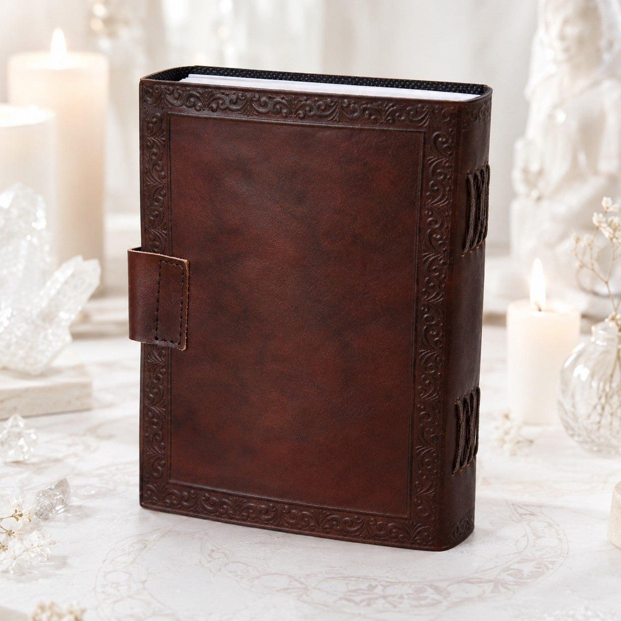 Celtic Triple Moon Solar Stone Leather Journal – Handmade Pagan Grimoire – leather journal, open blank pages view