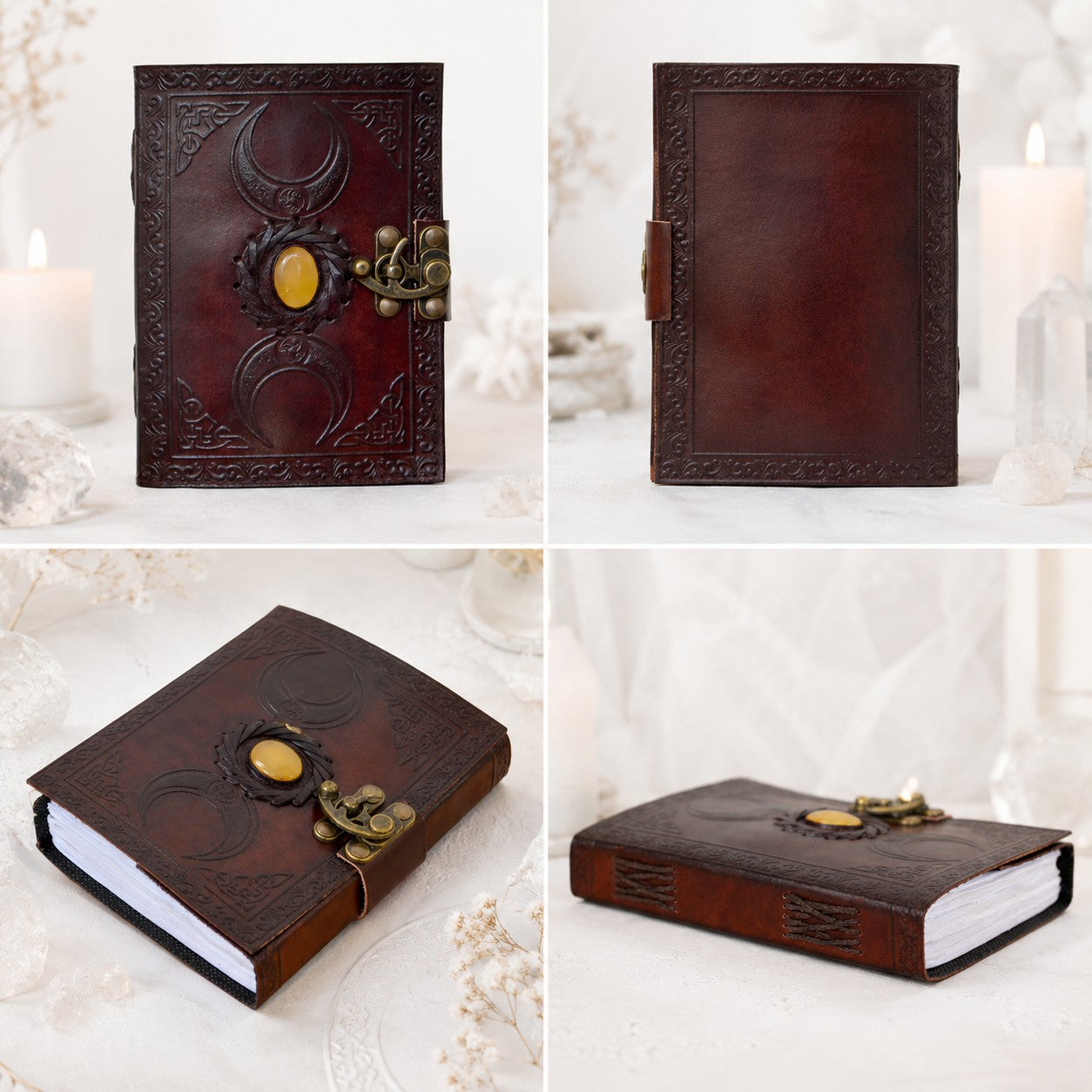 Celtic Triple Moon Solar Stone Leather Journal – Handmade Pagan Grimoire – leather journal, close-up cover detail