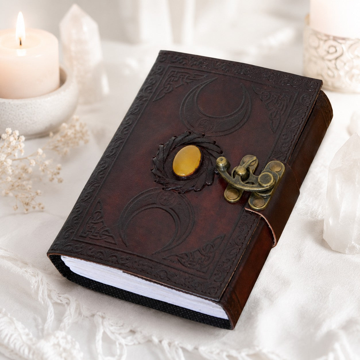 Celtic Triple Moon Solar Stone Leather Journal – Handmade Pagan Grimoire – leather journal, size and scale view