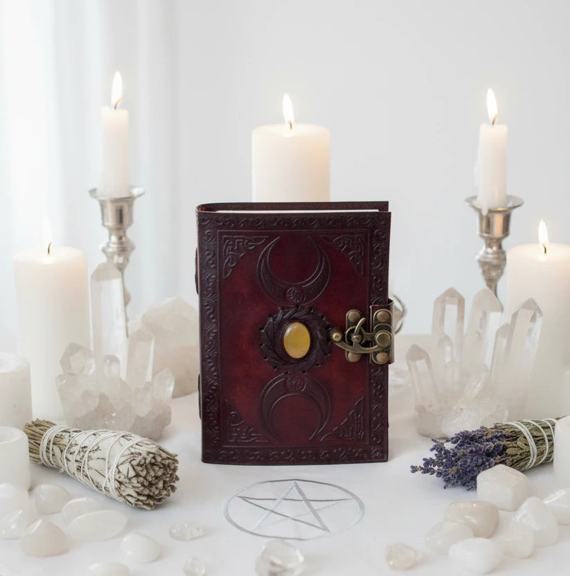 Celtic triple moon solar stone leather journal – large handmade Pagan grimoire A4 with stone inlay