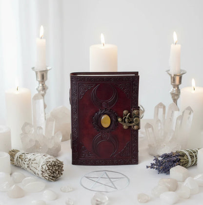 Celtic triple moon solar stone leather journal – large handmade Pagan grimoire A4 with stone inlay