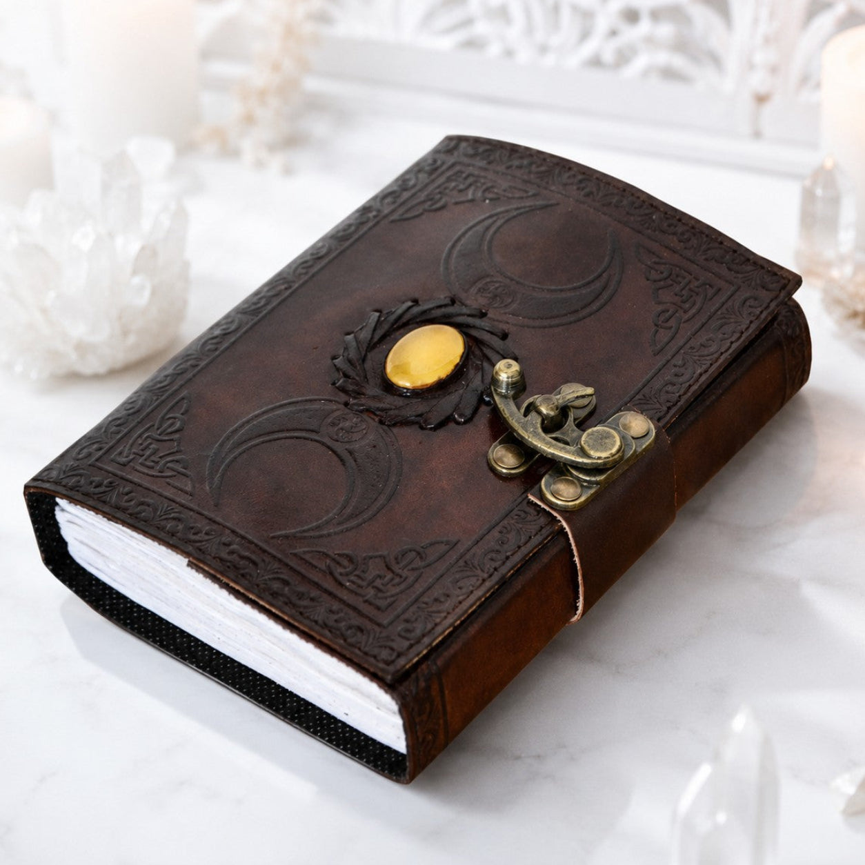 Celtic Triple Moon Solar Stone Leather Journal – Handmade Pagan Grimoire – leather journal, front cover view