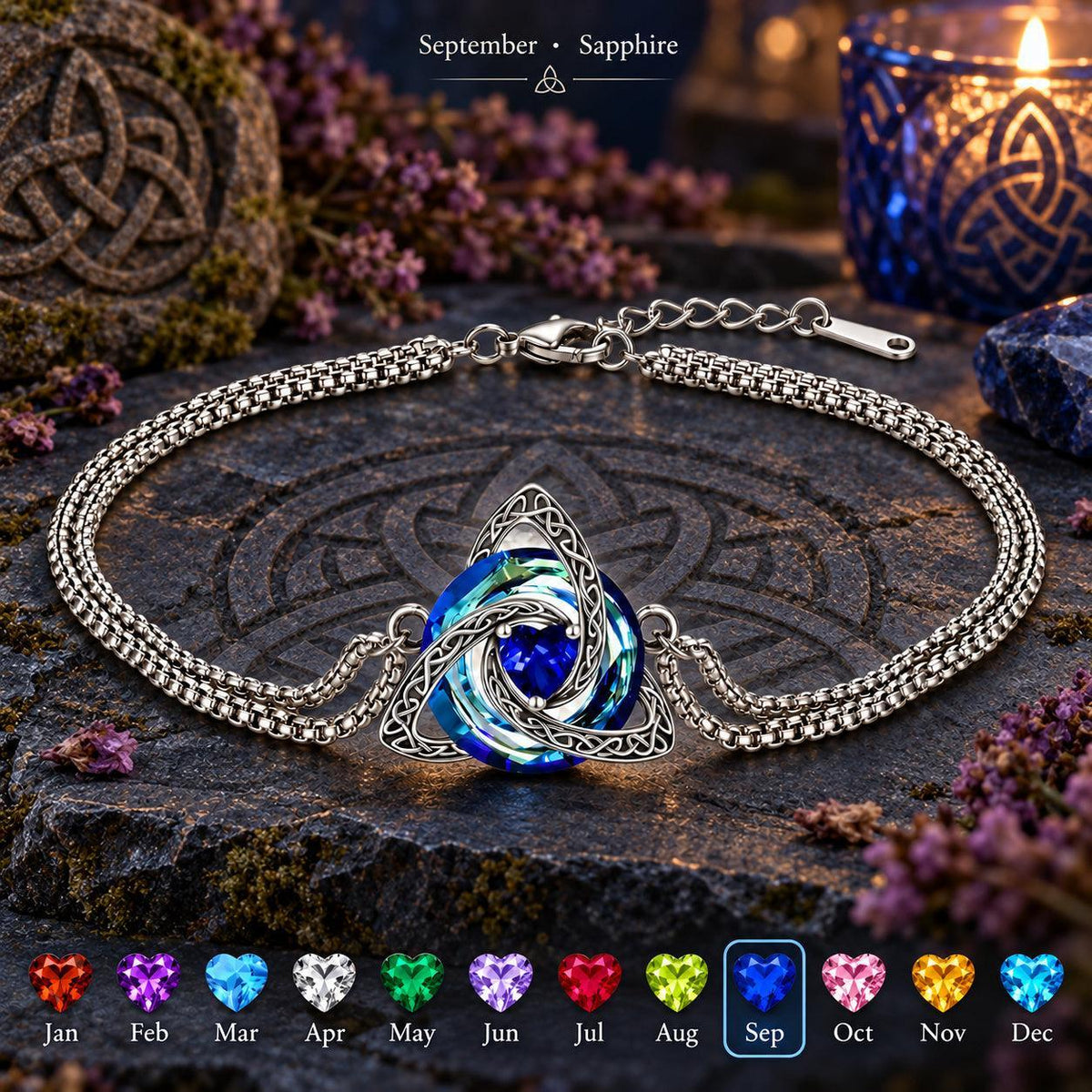 Celtic Triquetra Birthstone Bracelet — September · Sapphire, dark Celtic ritual scene with birthstone color chart