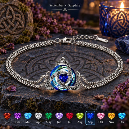 Celtic Triquetra Birthstone Bracelet — September · Sapphire, dark Celtic ritual scene with birthstone color chart