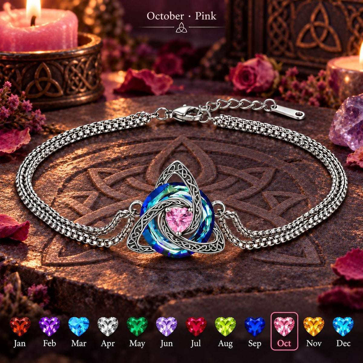 Celtic Triquetra Birthstone Bracelet — October · Pink, dark Celtic ritual scene with birthstone color chart