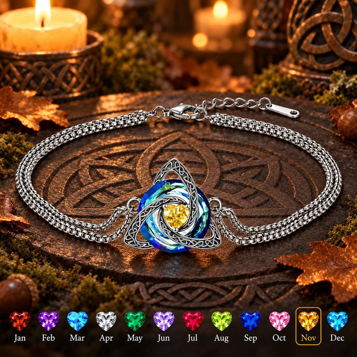 Celtic Triquetra Birthstone Bracelet — November · Citrine, dark Celtic ritual scene with birthstone color chart