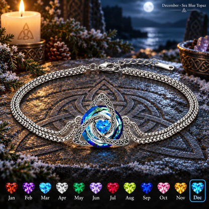 Celtic Triquetra Birthstone Bracelet — December · Sea Blue Topaz, dark Celtic ritual scene with birthstone color chart
