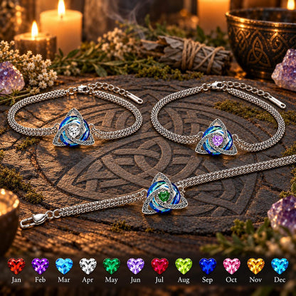 Celtic Triquetra Birthstone Bracelet — April · May · June, dark Celtic ritual scene with birthstone color chart