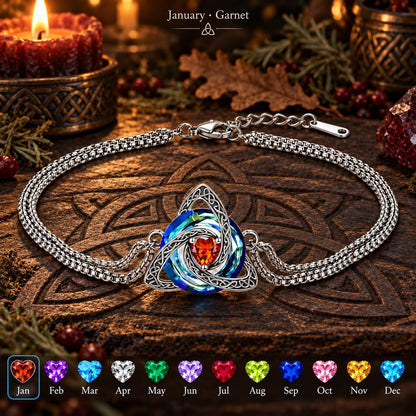 Celtic Triquetra Birthstone Bracelet — January · Garnet, dark Celtic ritual scene with birthstone color chart