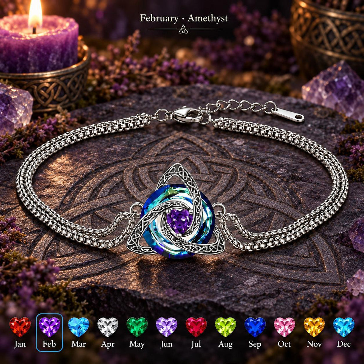 Celtic Triquetra Birthstone Bracelet — February · Amethyst, dark Celtic ritual scene with birthstone color chart