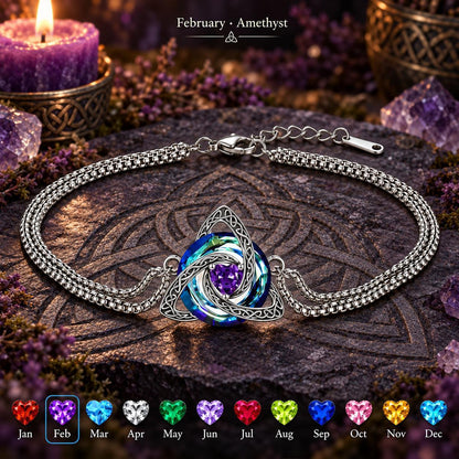 Celtic Triquetra Birthstone Bracelet — February · Amethyst, dark Celtic ritual scene with birthstone color chart
