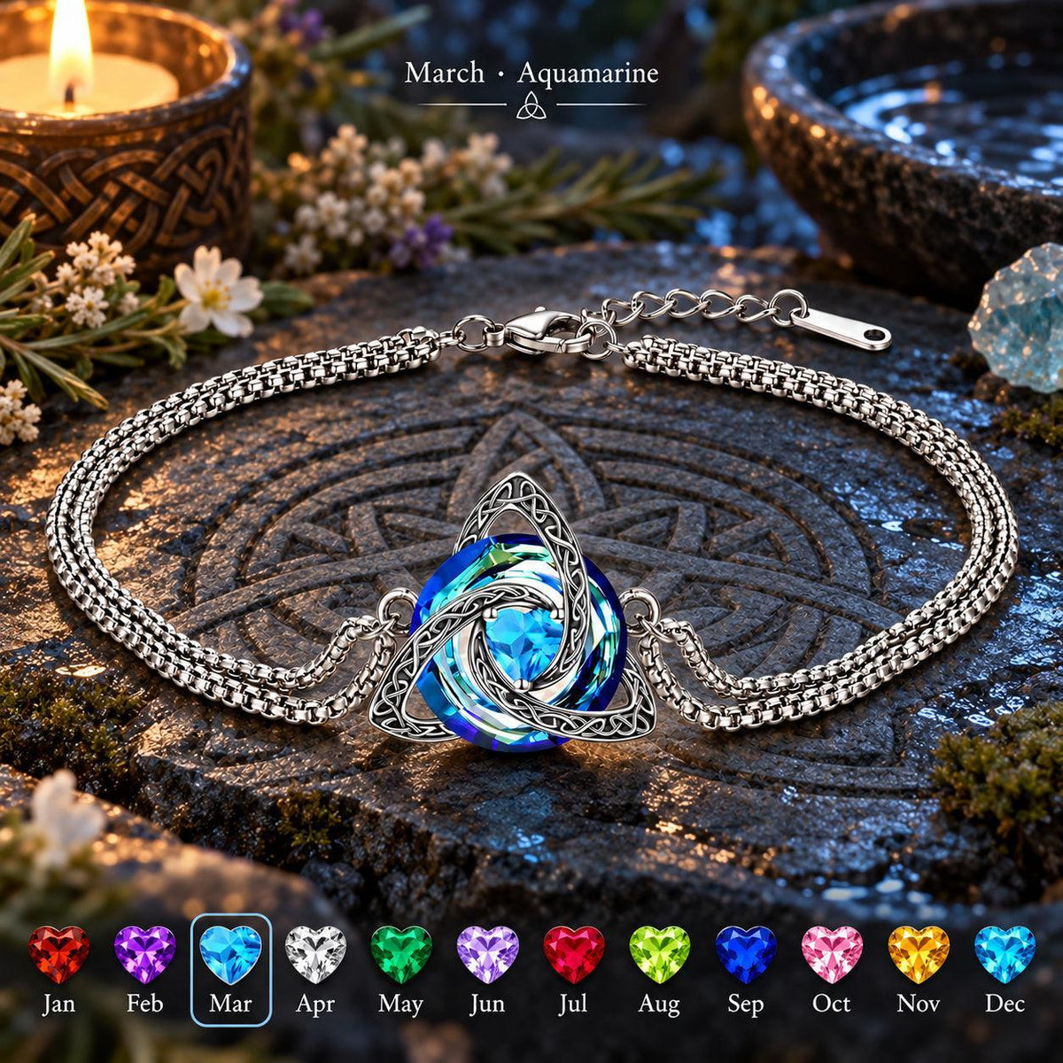 Celtic triquetra aquamarine bracelet on Celtic stone altar with birthstone chart