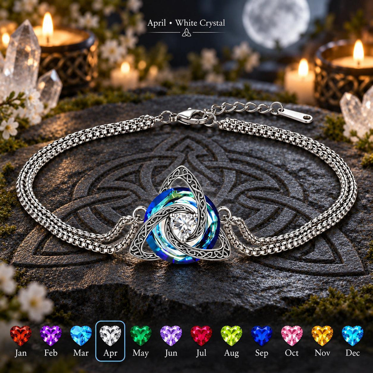 Celtic Triquetra Birthstone Bracelet — April · White Crystal, dark Celtic ritual scene with birthstone color chart