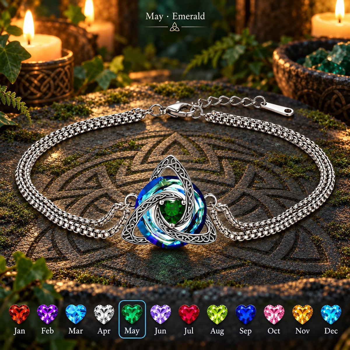 Celtic Triquetra Birthstone Bracelet — May · Emerald, dark Celtic ritual scene with birthstone color chart