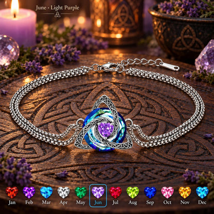 Celtic Triquetra Birthstone Bracelet — June · Light Purple, dark Celtic ritual scene with birthstone color chart