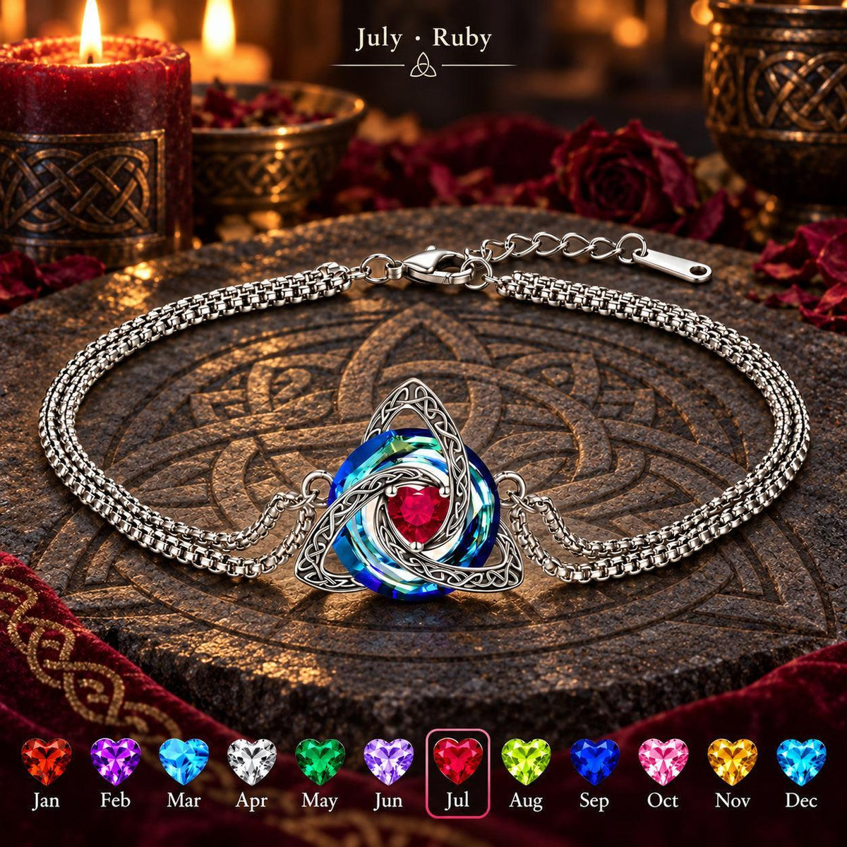Celtic Triquetra Birthstone Bracelet — July · Ruby, dark Celtic ritual scene with birthstone color chart