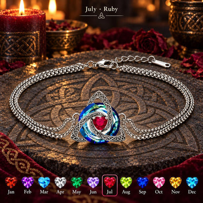Celtic Triquetra Birthstone Bracelet — July · Ruby, dark Celtic ritual scene with birthstone color chart