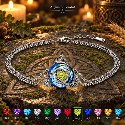 Celtic Triquetra Birthstone Bracelet — August · Peridot, dark Celtic ritual scene with birthstone color chart
