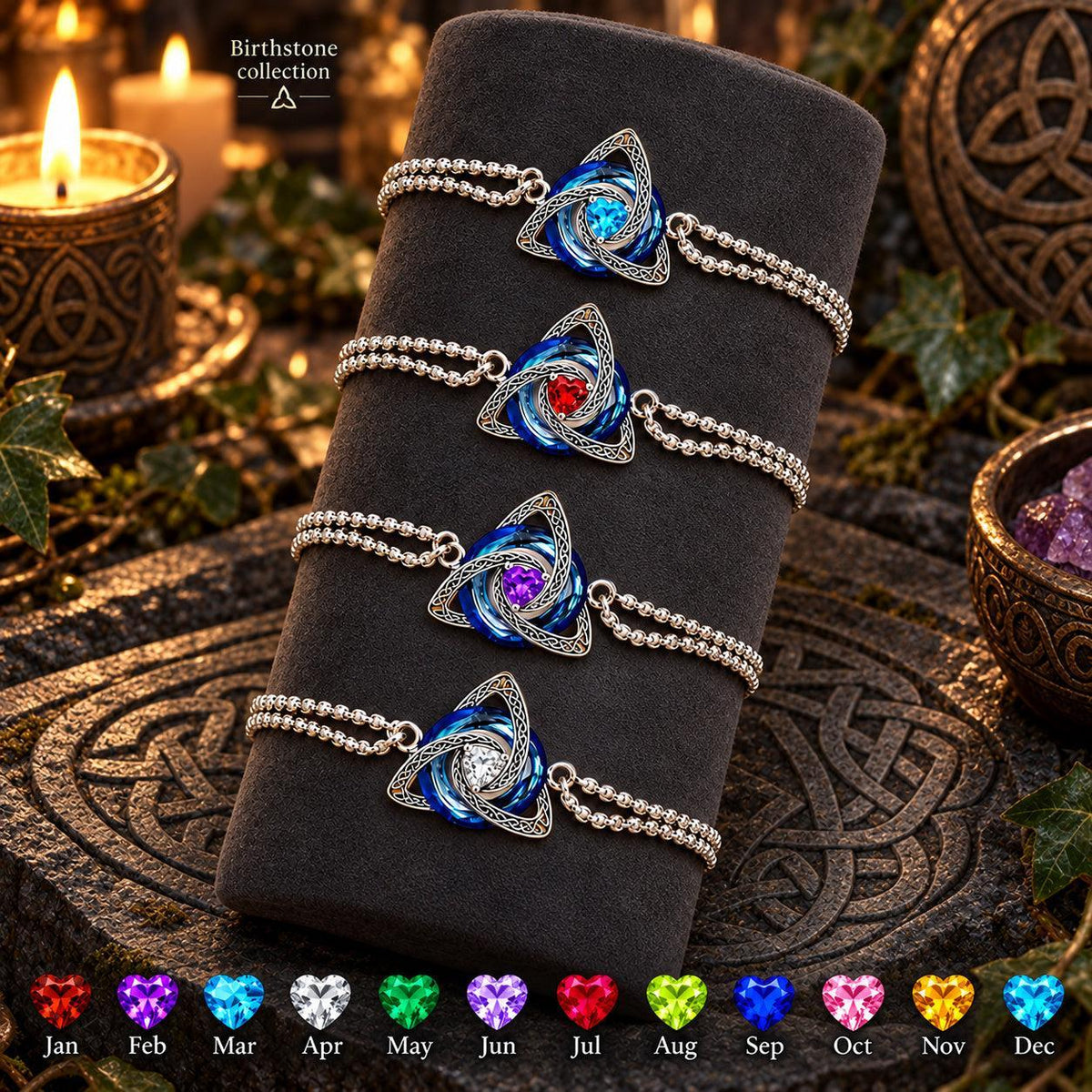 Celtic Triquetra Birthstone Bracelet — Birthstone collection, dark Celtic ritual scene with birthstone color chart