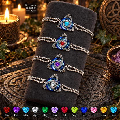 Celtic Triquetra Birthstone Bracelet — Birthstone collection, dark Celtic ritual scene with birthstone color chart